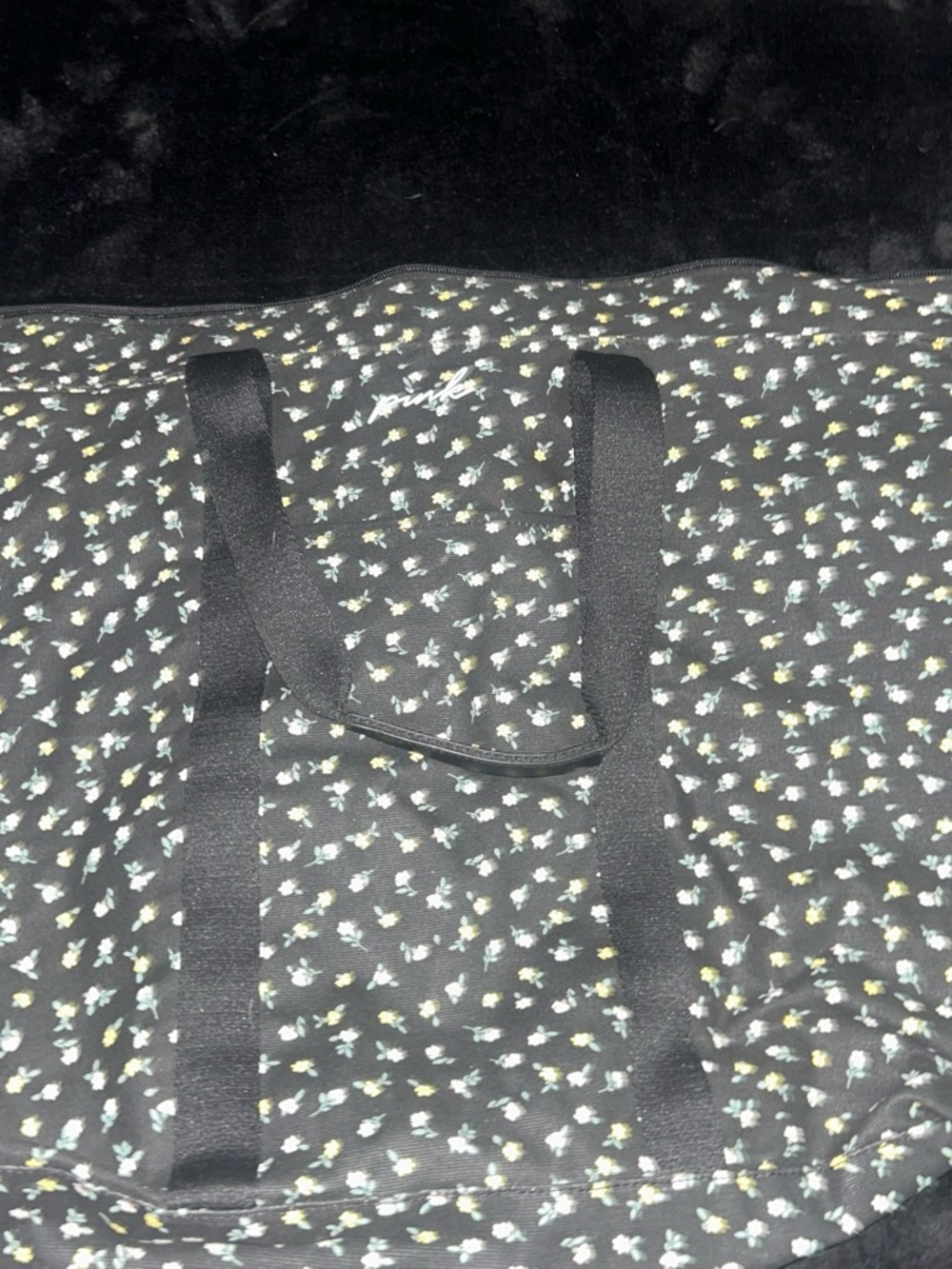 Pink Floral Black Tote Bag